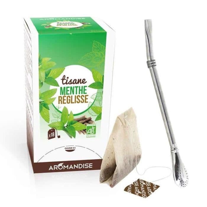 Ekologiskt mynta och lakrits örtte 20 dospåsar + sugrör av rostfritt stål med filter