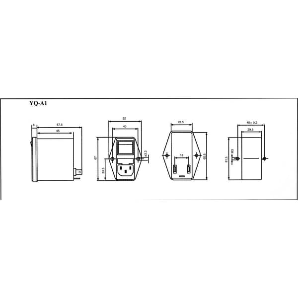 Yunpen 521361 YQ01A1 Nätfilter med IEC-kontakt, med brytare, med 2 säkringar 250 V/AC 1 A 10.5 mH (L x B x H) 68 x 52.5