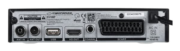 Esperanza EV106P Digital DVB-T2 H.265/HEVC tuner, sort