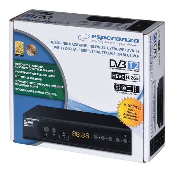 Esperanza EV106P Digital DVB-T2 H.265/HEVC tuner, sort