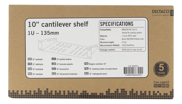 10 "fixed shelf, 1U, 136mm deep, black