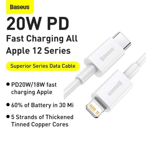 CABLU alimentare si date Baseus Superior, Fast Charging Data Cable pt. smartphone, USB Type-C la Lightning Iphone PD 20W, 1.5m, alb "CATLYS-B02" (timb