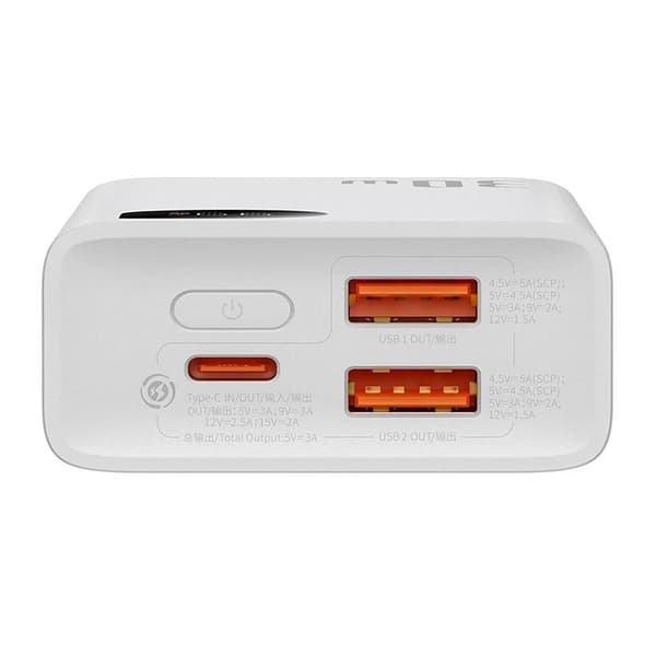 Baseus Power Bank Adaman2 with Digital display, C+U+U, PD 3.0, QC 3.0, 30W, 10000 mAh, with Type-C cable (0.3m), White (PPAD080002)