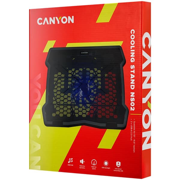 CANYON NS02, Cooling stand single fan with 2x2.0 USB hub, support up to 10”-15.6” laptop, ABS plastic and iron, Fans dimension:125*125*15mm(1pc), DC 5