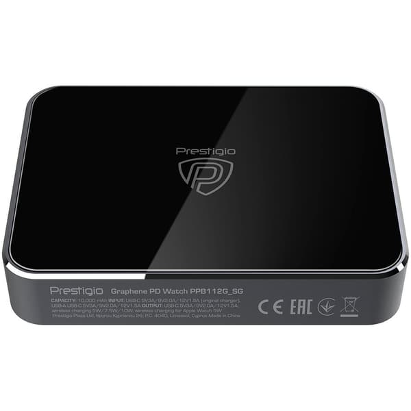 Prestigio Graphene PD Watch Edition, fast charging powerbank, 10000 mAh, 2*USB3.0 QC, 1*Type-C PD, wireless charger 10W, Apple Watch wireless charger