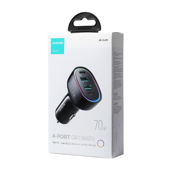 Joyroom Car Charger U+U+C+C, 2xQC 3.0, 2xPD, 70W, RGB, Black (JR-CL29)
