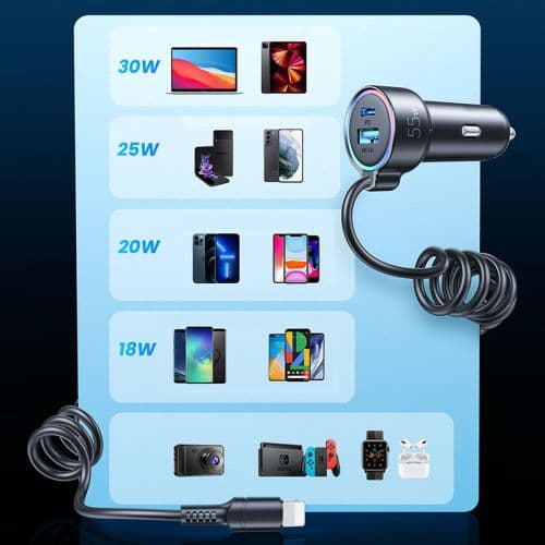 Joyroom Car Charger 3-in-1, C+U with Type-C Coiled Cable 1.5m, 55W, Black (JR-CL07)