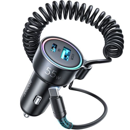 Joyroom Car Charger 3-in-1, C+U with Type-C Coiled Cable 1.5m, 55W, Black (JR-CL07)