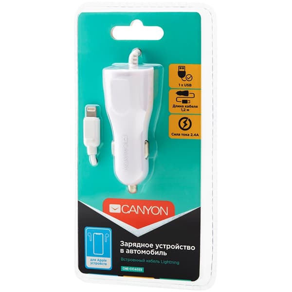CANYON car charger C-033 2.4A/USB-A built-in Lightning White