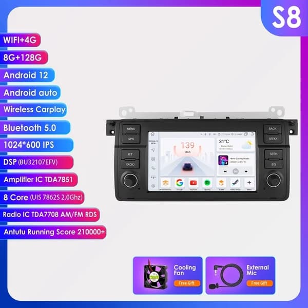 BMW E46 bilradio, AI stemmestyring, Android Auto Carplay, 4 kerner 1G 32G -HC1