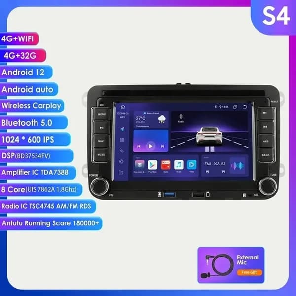 Bil GPS Radio Stereo, Android 12, RDS BT Navigation, S8 tilføj AHDCAMERA2 AI