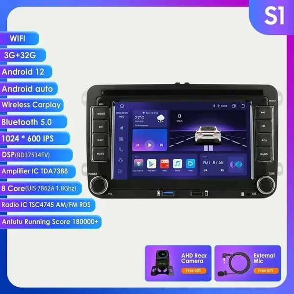 Bil GPS Radio Stereo, Android 12, RDS BT Navigation, S8 tilføj AHDCAMERA2 AI