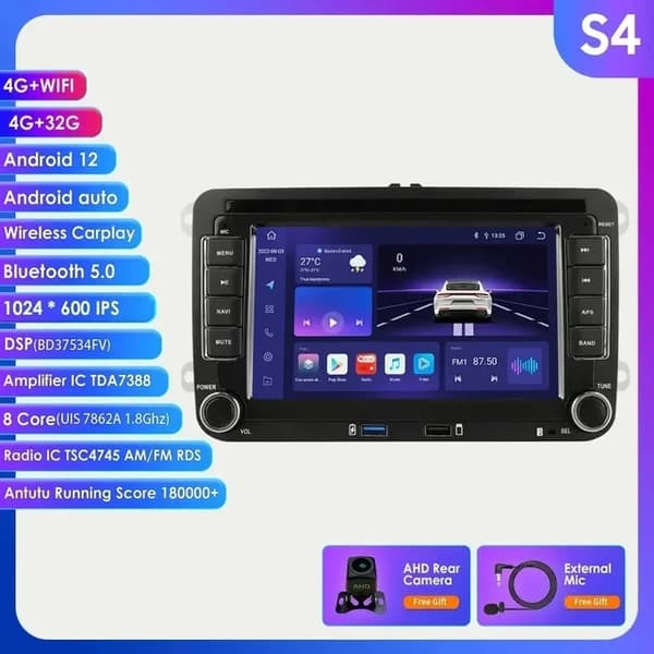 Bil GPS Radio Stereo, Android 12, RDS BT Navigation, S8 tilføj AHDCAMERA2 AI