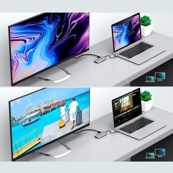 Multifunktionel USB HUB SD og TF kortlæser HDMI 4K VGA Full HD RJ45 9i1 grå