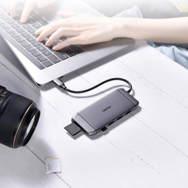 Multifunktionel USB HUB SD og TF kortlæser HDMI 4K VGA Full HD RJ45 9i1 grå
