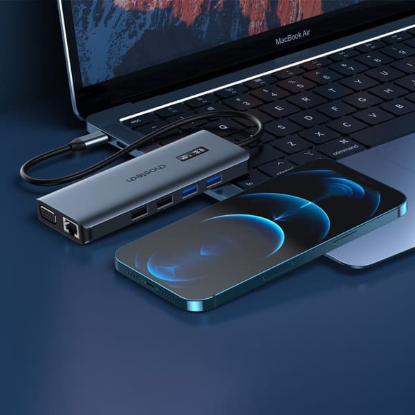Monitoiminen HUB-sovitin näytöllä USB-C USB-A VGA AUX SD TF 12in1 harmaa