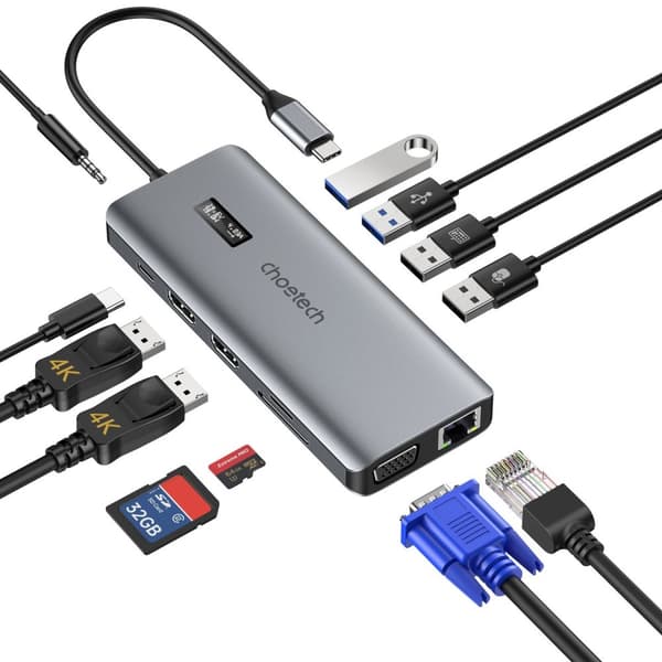 Monitoiminen HUB-sovitin näytöllä USB-C USB-A VGA AUX SD TF 12in1 harmaa