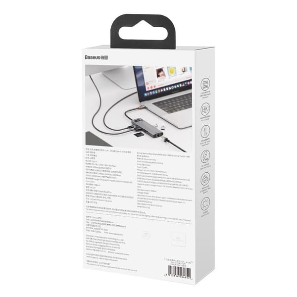 Multifunktionell 8in1 USB HUB USB-C PD 100W HDMI SD- och microSD-kortläsare 3x USB 3.2 RJ45 Grå