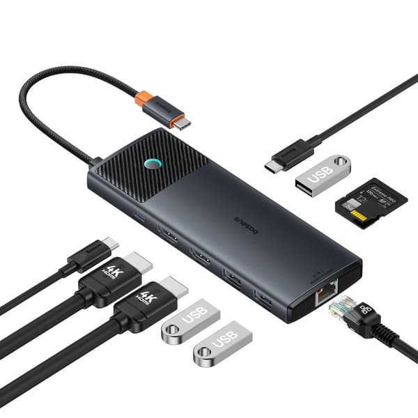 10i1 HUB Adapter USB-C til USB-C PD / 3x USB-A / 2x HDMI / RJ-45 / SD / TF sort