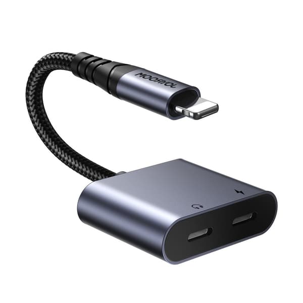 2 i 1 adapter adapter til iPhone oplader + Lightning hovedtelefoner / 2x Lightning sort