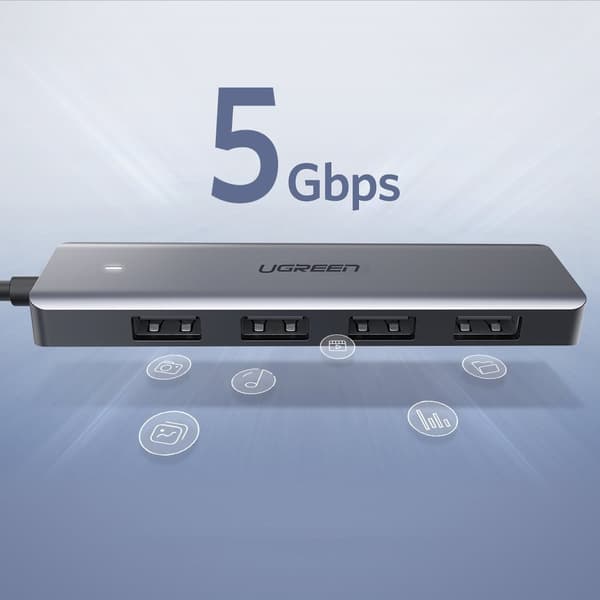 HUB USB-C splitter - 4x USB 3.2 med USB-C strömport, grå