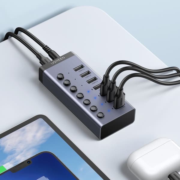 7-i-1 multifunktionell HUB USB-C splitter - 7x USB 3.0 PD DC 12V grå