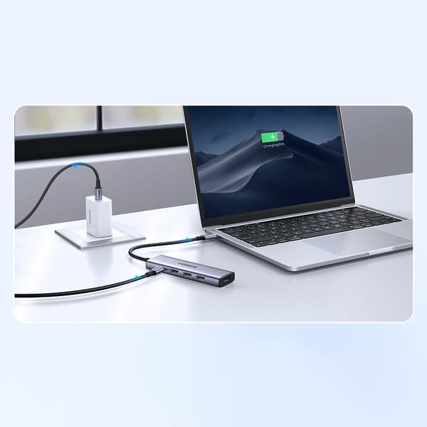 5in1 multifunktionell HUB-adapter USB-C 3x USB-A HDMI 4K PD 100W grå