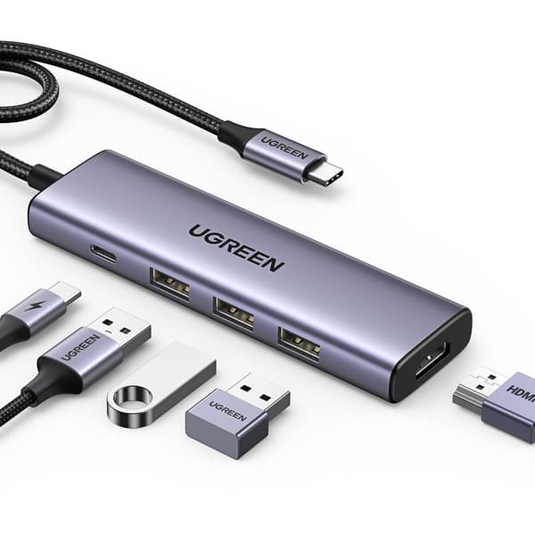 5in1 multifunktionell HUB-adapter USB-C 3x USB-A HDMI 4K PD 100W grå