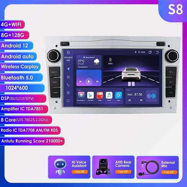 Auton multimedia GPS, 4G WIFI-yhteys, Android 12 -käyttöjärjestelmä, HC2 2G 32G Carplay S