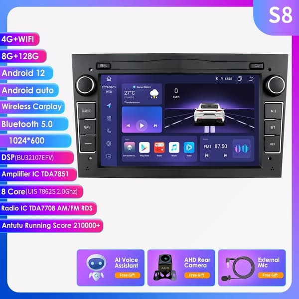 Auton multimedia GPS, 4G WIFI-yhteys, Android 12 -käyttöjärjestelmä, HC2 2G 32G Carplay S