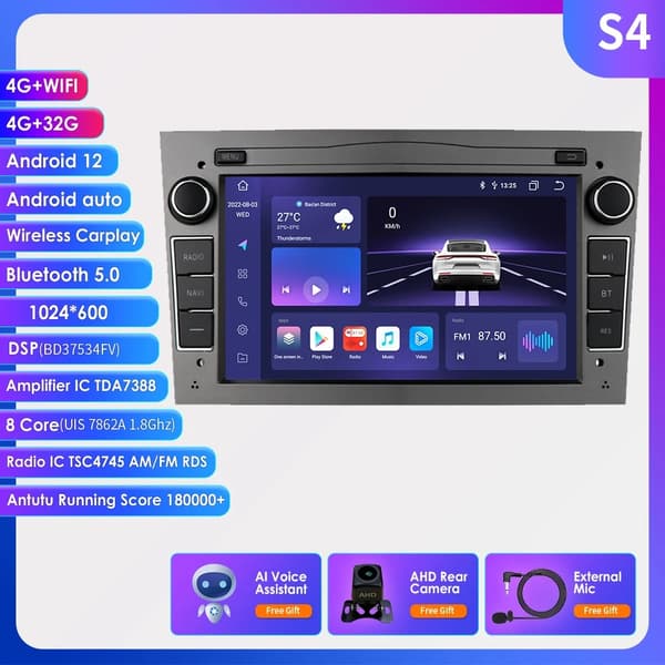 Auton multimedia GPS, 4G WIFI-yhteys, Android 12 -käyttöjärjestelmä, HC2 2G 32G Carplay S