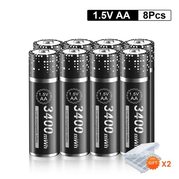 Genopladelige AA-batterier, 3400mWh kapacitet, lithium-ion teknologi, 8AA, 1,5V