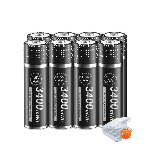 Genopladelige AA-batterier, 3400mWh kapacitet, lithium-ion teknologi, 8AA, 1,5V
