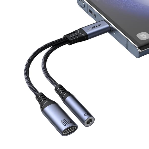 2-i-1 adapterladdare + hörlurar USB-C till USB-C / minijack 3,5 mm svart