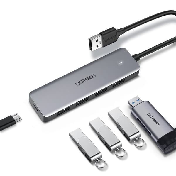 HUB USB port splitter - 4x USB 3.2 med mikro USB strømport, grå