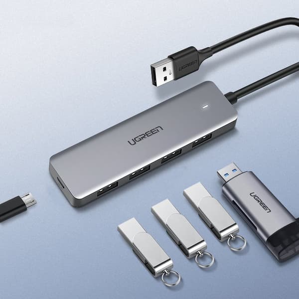 HUB USB port splitter - 4x USB 3.2 med mikro USB strømport, grå