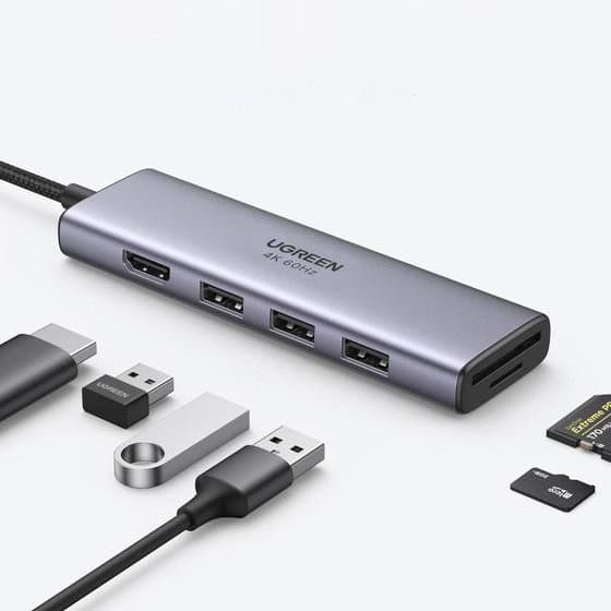 6-i-1 multifunktionel USB-C HUB - 3x USB HDMI 4K SD og TF kortlæser grå