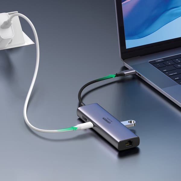 7-i-1 multifunktionell USB-C HUB - 2x USB HDMI 4K SD- och TF-kortläsare USB-C RJ45 1 Gbps grå