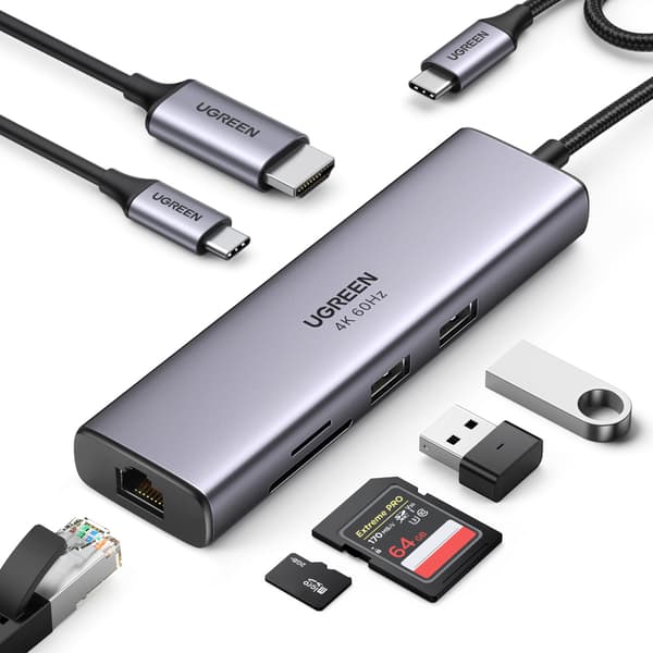 7-i-1 multifunktionell USB-C HUB - 2x USB HDMI 4K SD- och TF-kortläsare USB-C RJ45 1 Gbps grå