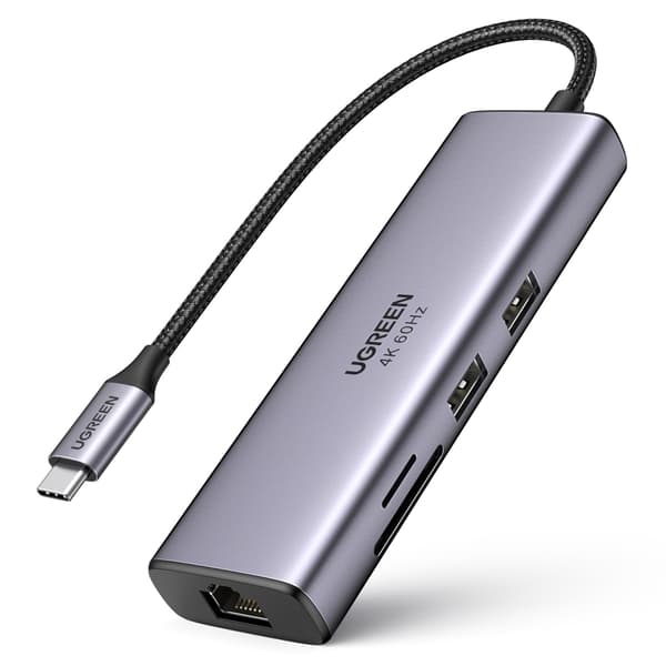 7-i-1 multifunktionell USB-C HUB - 2x USB HDMI 4K SD- och TF-kortläsare USB-C RJ45 1 Gbps grå