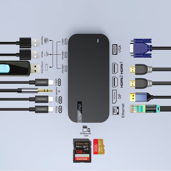 HUB-sovitin M52 USB-C USB-A HDMI VGA DP SD TF RJ45 Aux PD Harmaa