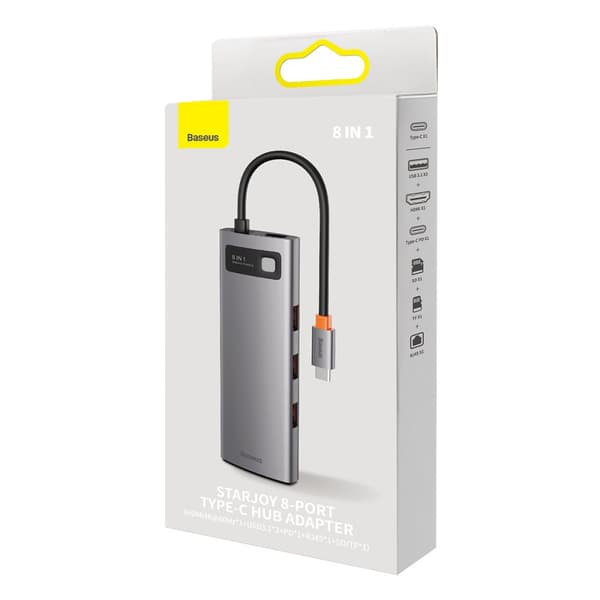 8i1 HUB-adapter StarJoy USB-C til USB-C PD 3x USB-A HDMI RJ-45 SD TF grå