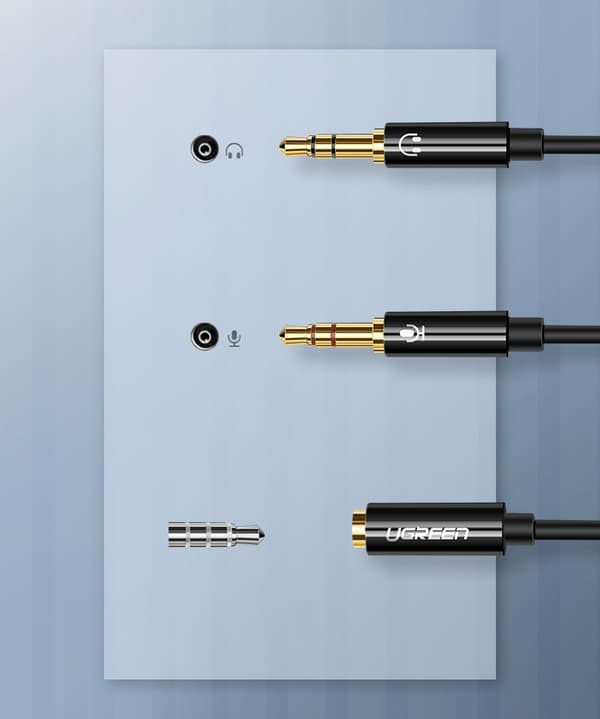 AUX 3,5 mm mini jack splitter adapter til mikrofon og høretelefoner, sort