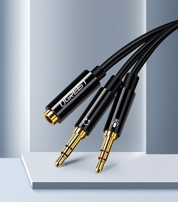 AUX 3,5 mm mini jack splitter adapter til mikrofon og høretelefoner, sort
