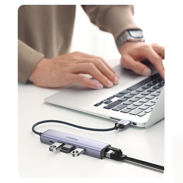 Multifunktionell HUB adapter splitter USB 3.0 - 3x USB Ethernet RJ-45 USB-C PD grå