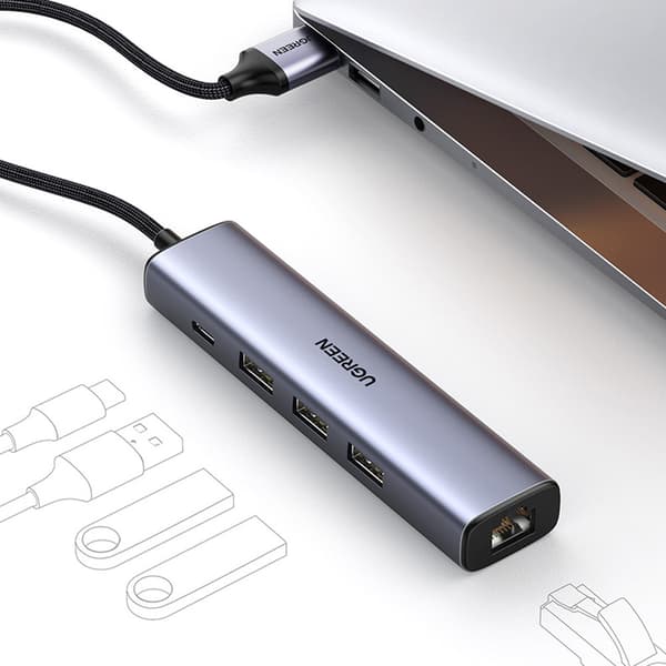 Multifunktionell HUB adapter splitter USB 3.0 - 3x USB Ethernet RJ-45 USB-C PD grå
