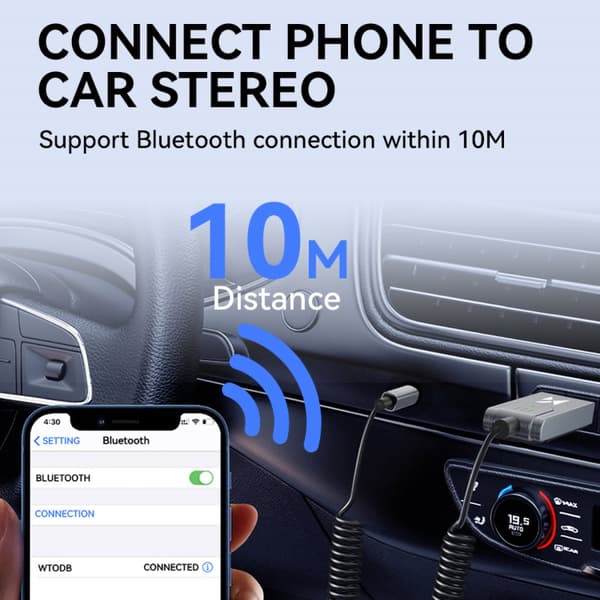 Lydadapter med Bluetooth 5.3-modtager og AUX miniJack 3,5 mm-stik og USB-A