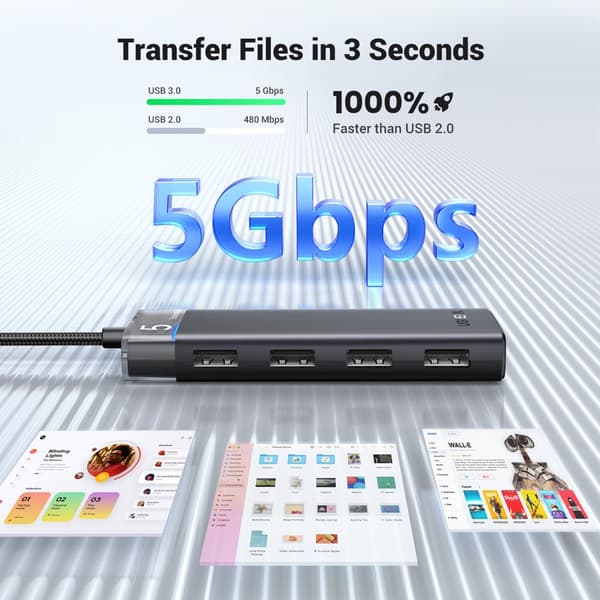 HUB-adapter, 4x USB-A 3.0-portsdelare och svart USB-A-strömkabel