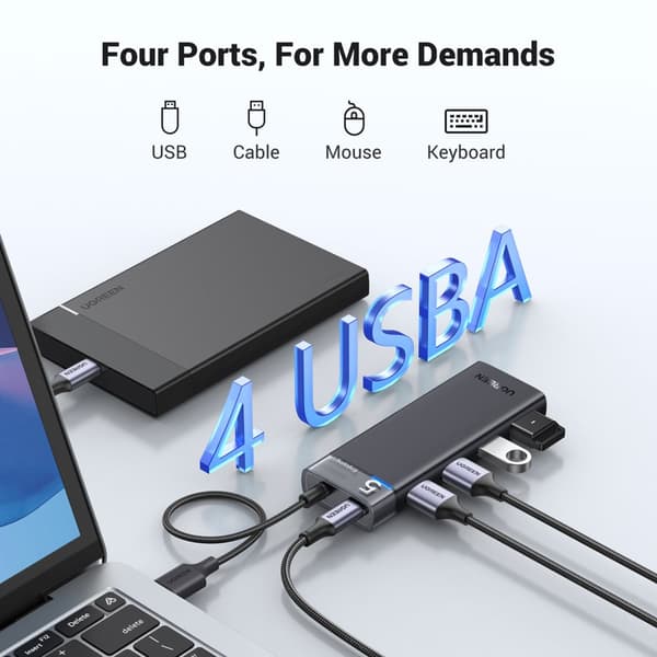 HUB-adapter, 4x USB-A 3.0-portsdelare och svart USB-A-strömkabel