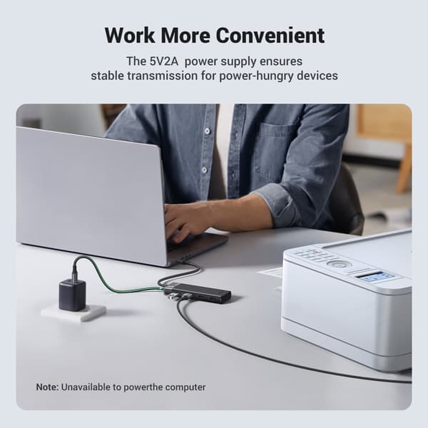 HUB-adapter, 4x USB-A 3.0-portsdelare och svart USB-A-strömkabel